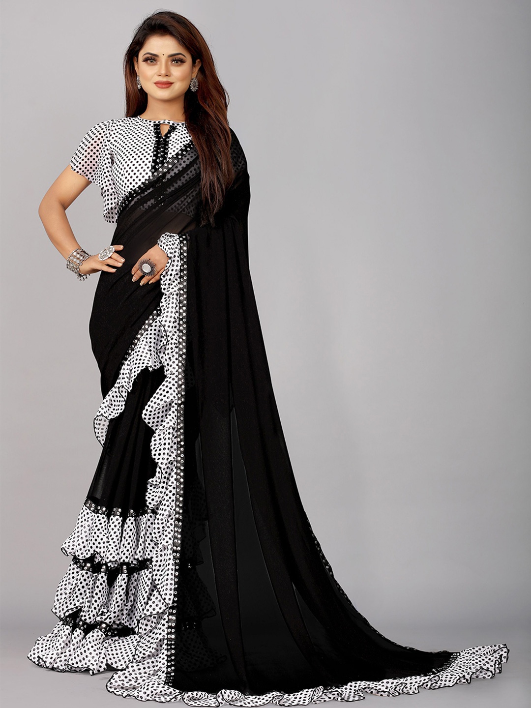 

B4ME COM Black & White Pure Georgette Leheriya Saree