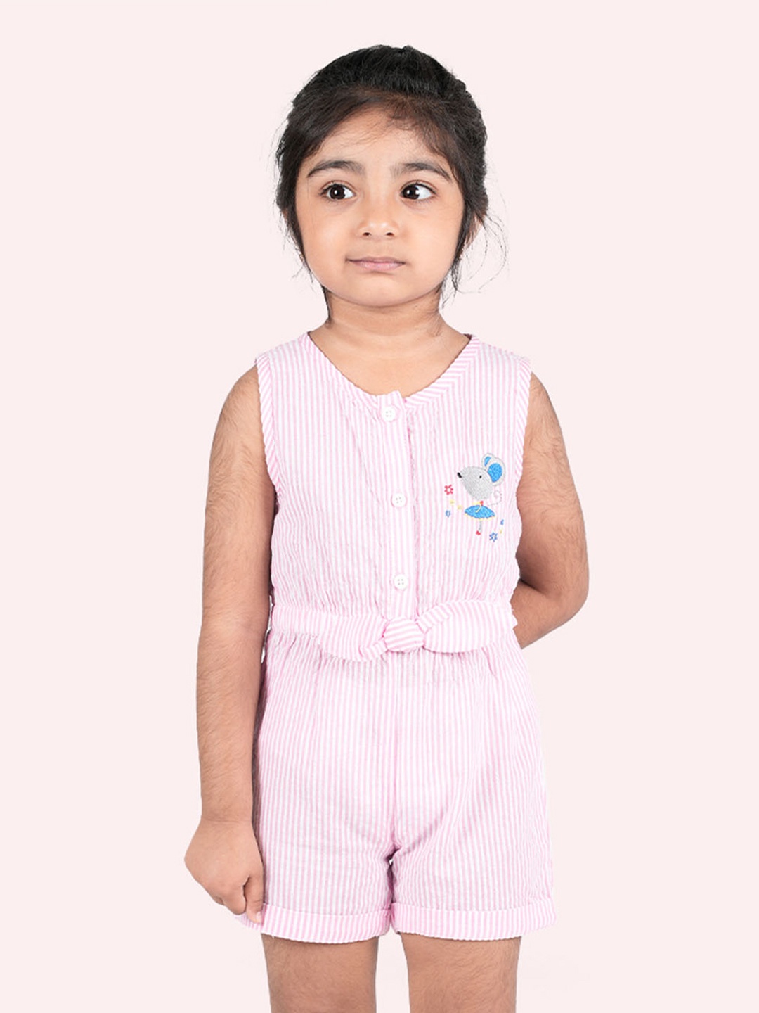 

Zalio Girls Pink & White Striped Cotton Jumpsuit