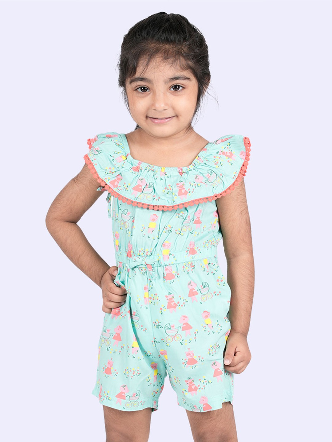 

Zalio Girls Turquoise Blue & Coral Printed Cotton Jumpsuit