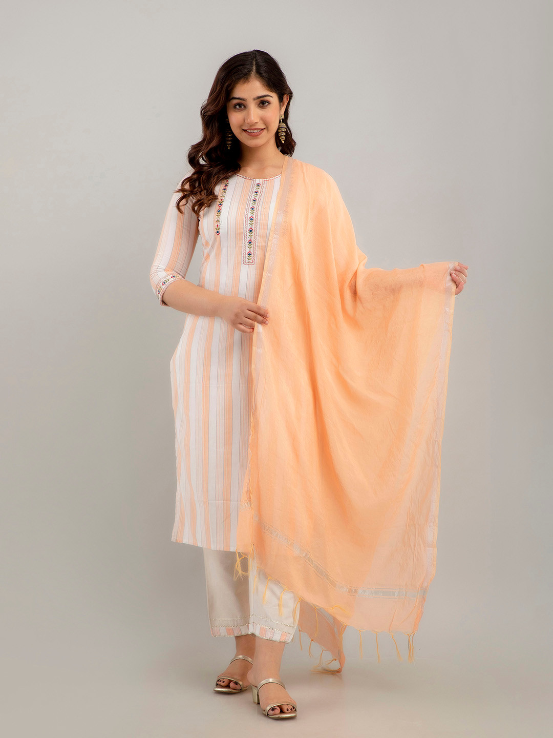 

Charu Women Striped Kurta with Trousers & With Dupatta, Orange