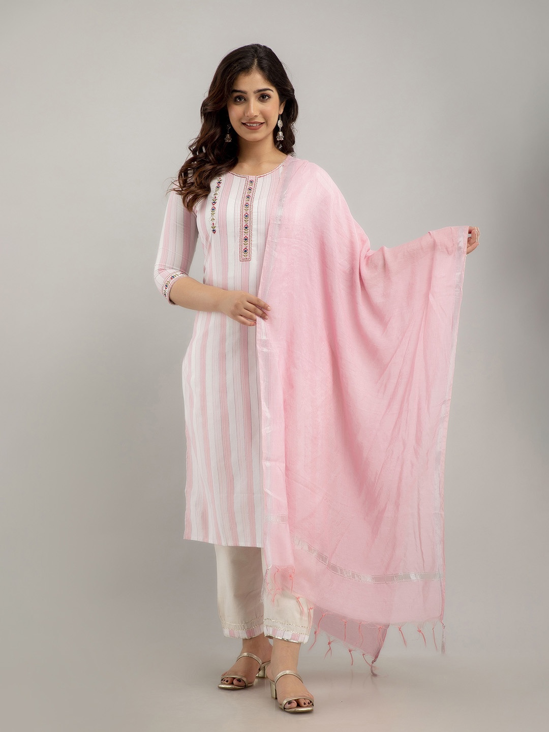 

Charu Women Striped Kurta with Trousers, White