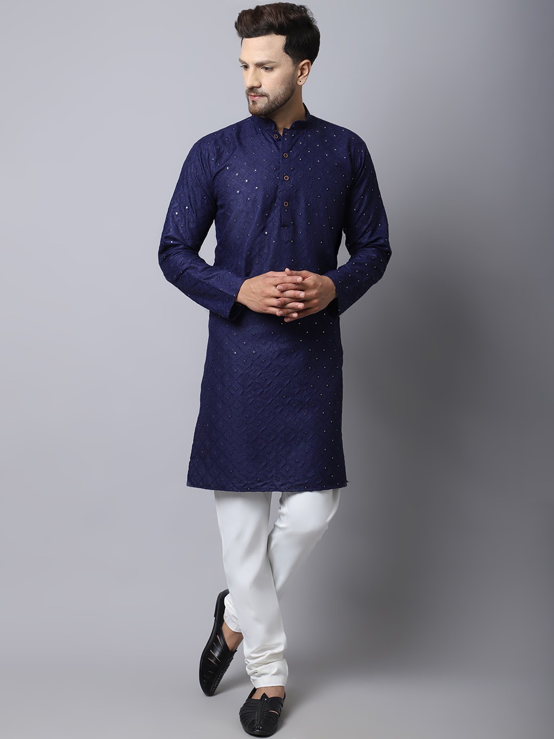 

Kaifoo Men Navy Blue Kurta with Churidar Pant