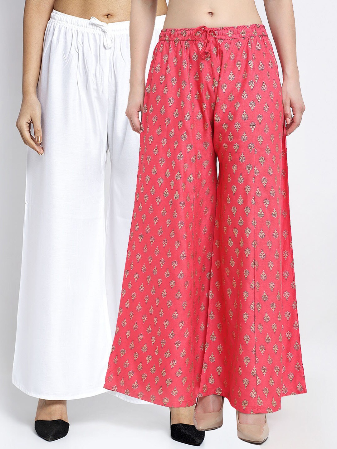 

GRACIT Women White & Pink Pack Of 2 Ethnic Motifs Printed Flared Knitted Ethnic Palazzos
