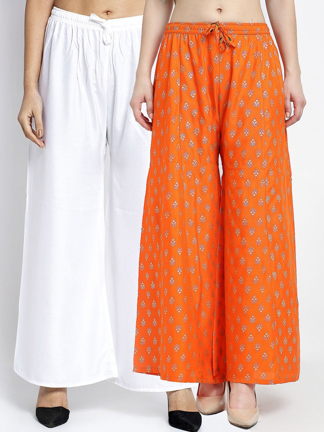 

GRACIT Women White & Orange Pack Of 2 Printed Flared Knitted Ethnic Palazzos