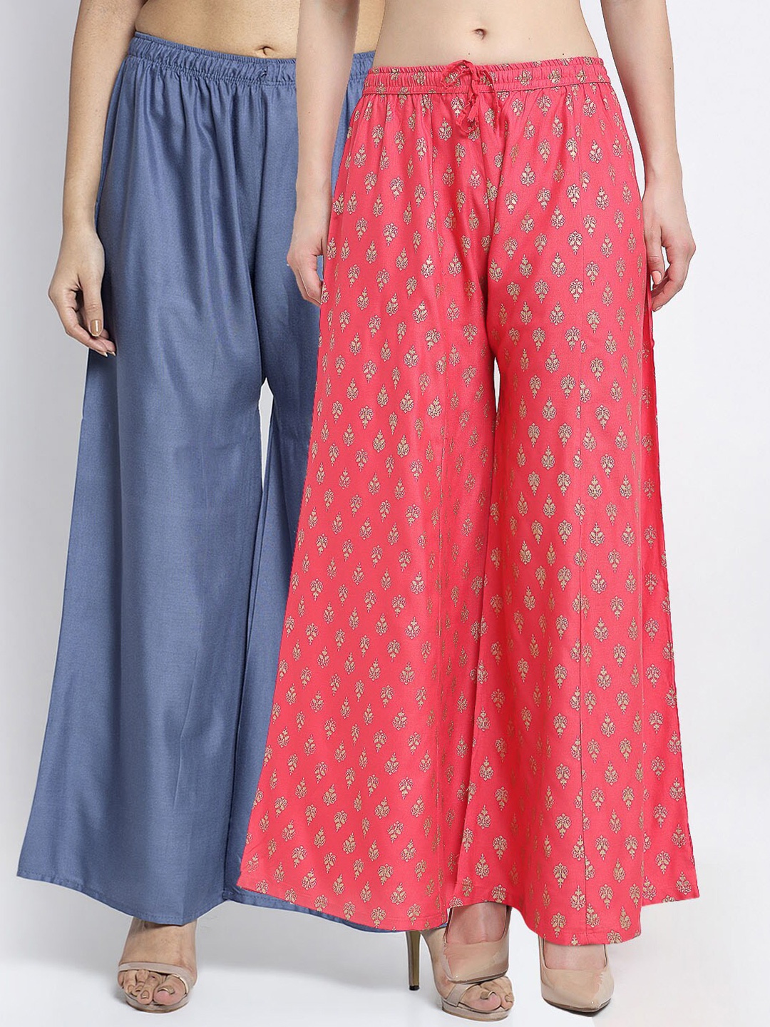 

GRACIT Women Pack of 2 Ethnic Motifs Printed Flared Knitted Ethnic Palazzos, Grey