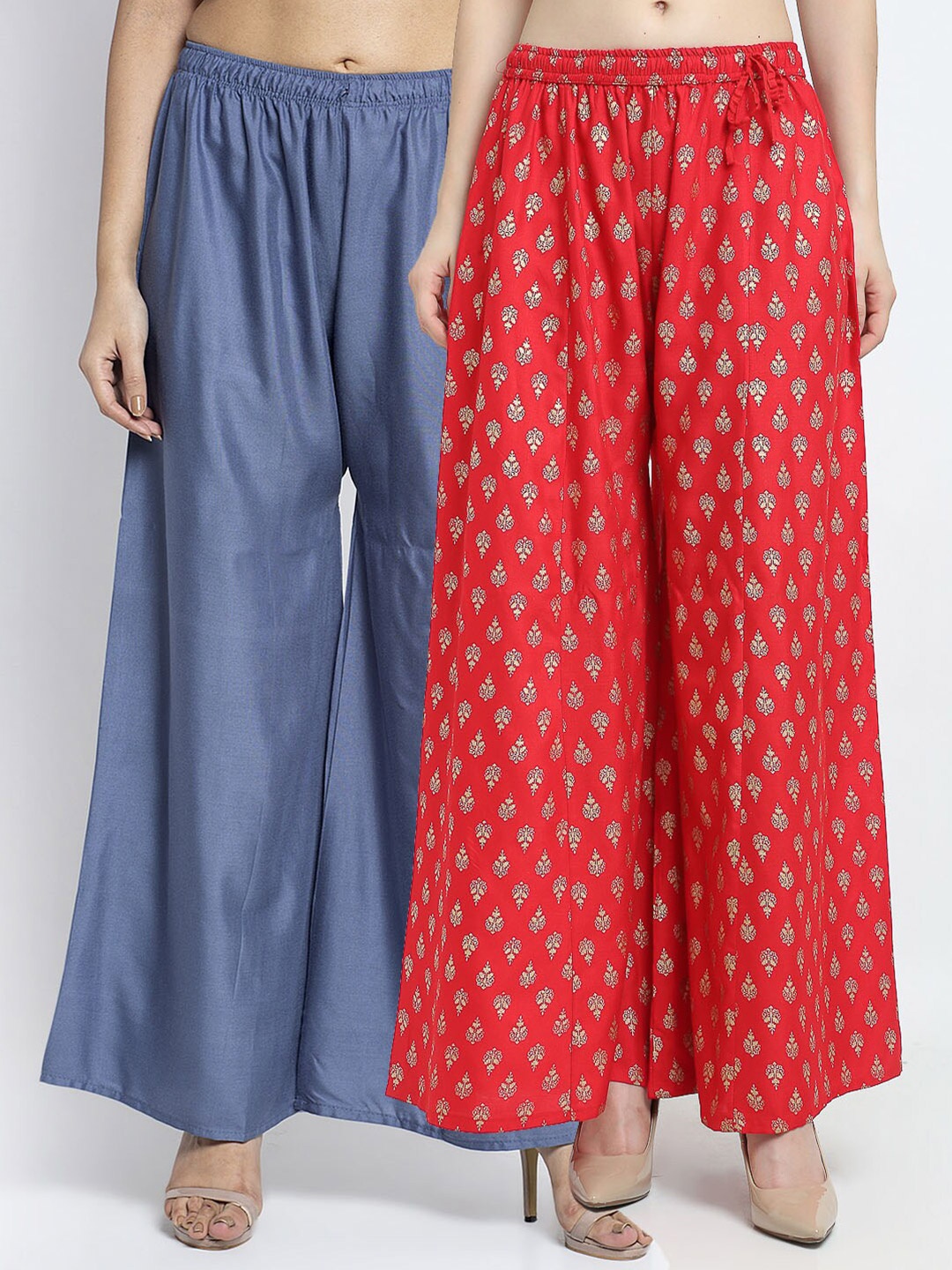 

GRACIT Women Pack of 2 Ethnic Motifs Printed Flared Knitted Ethnic Palazzos, Grey