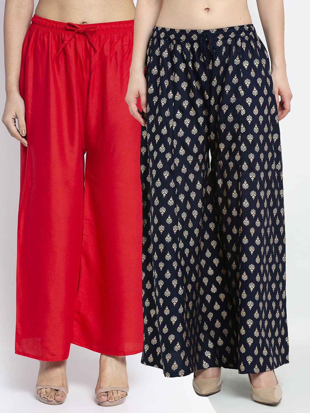 

GRACIT Women Pack of 2 Ethnic Motifs Printed Flared Knitted Ethnic Palazzos, Red