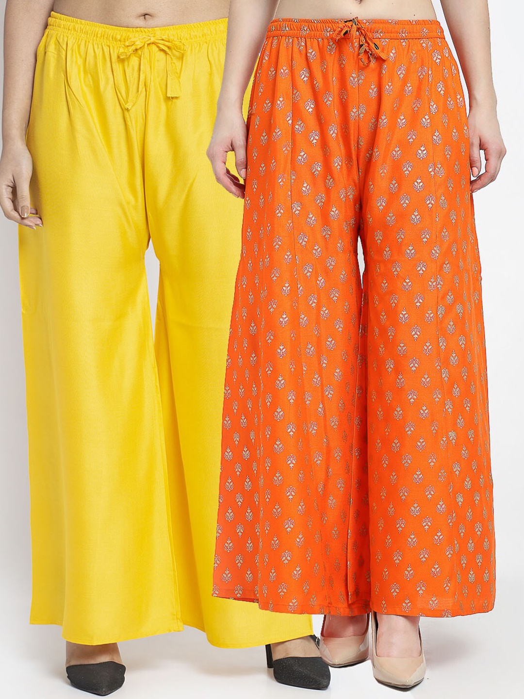 

GRACIT Women Pack of 2 Ethnic Motifs Printed Flared Knitted Ethnic Palazzos, Yellow