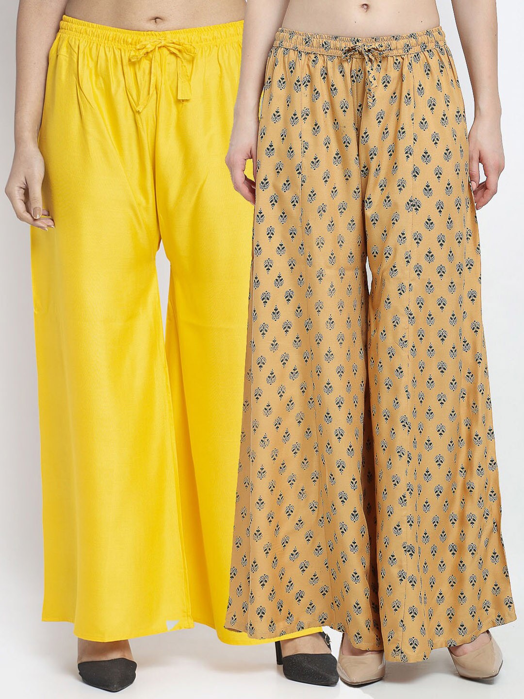 

GRACIT Women Pack of 2 Ethnic Motifs Printed Flared Knitted Ethnic Palazzos, Yellow