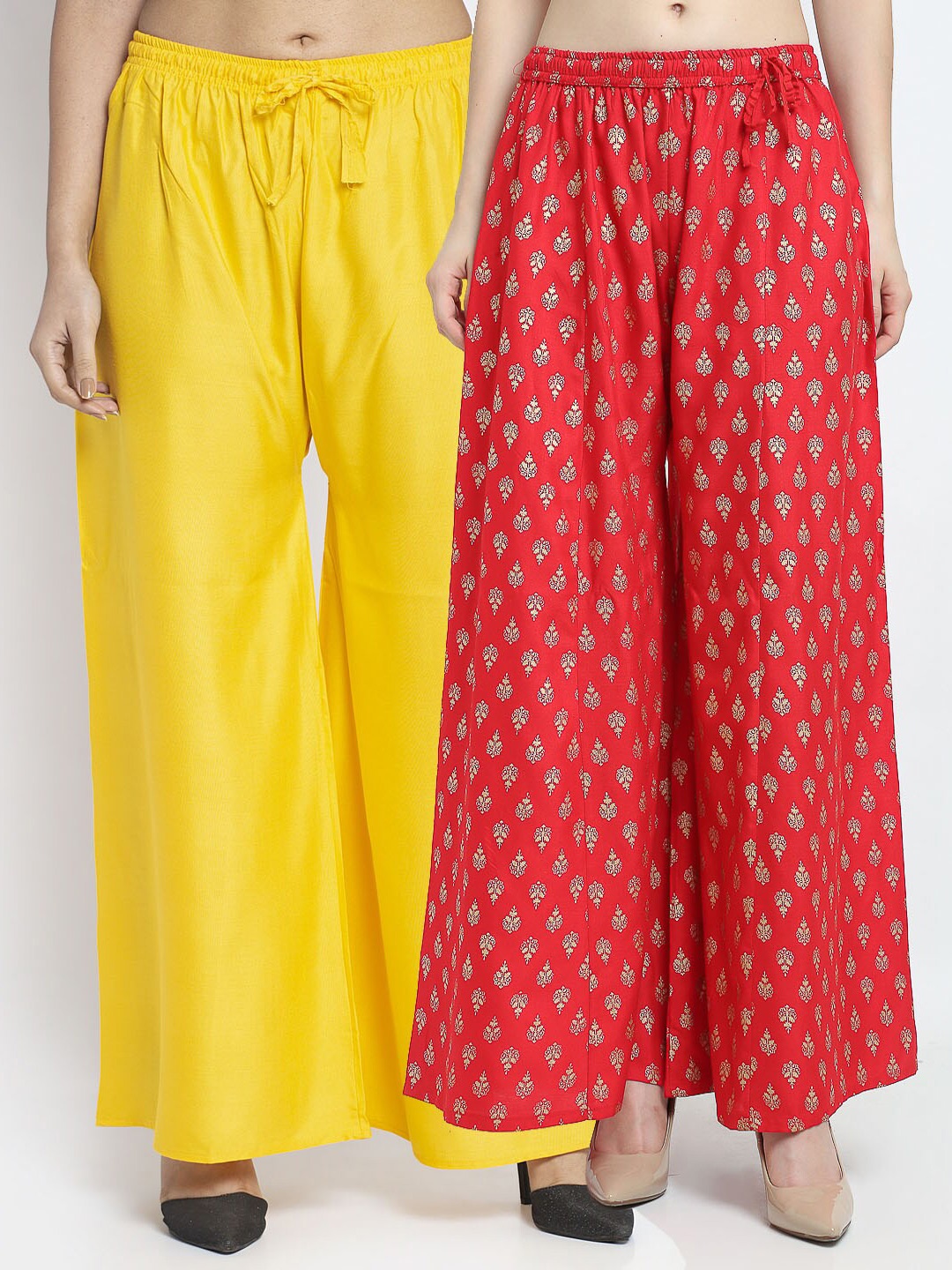 

GRACIT Women Pack of 2 Ethnic Motifs Printed Flared Knitted Ethnic Palazzos, Yellow