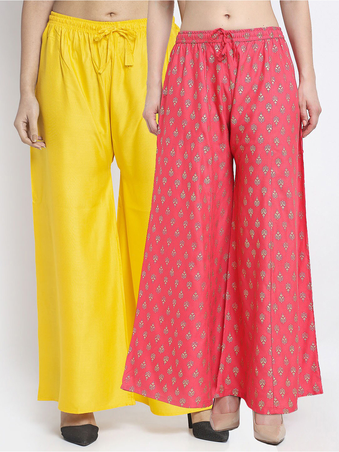 

GRACIT Women Pack of 2 Ethnic Motifs Printed Flared Knitted Ethnic Palazzos, Yellow
