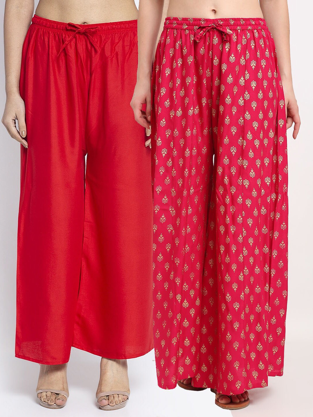 

GRACIT Women Pack of 2 Ethnic Motifs Printed Flared Knitted Ethnic Palazzos, Red