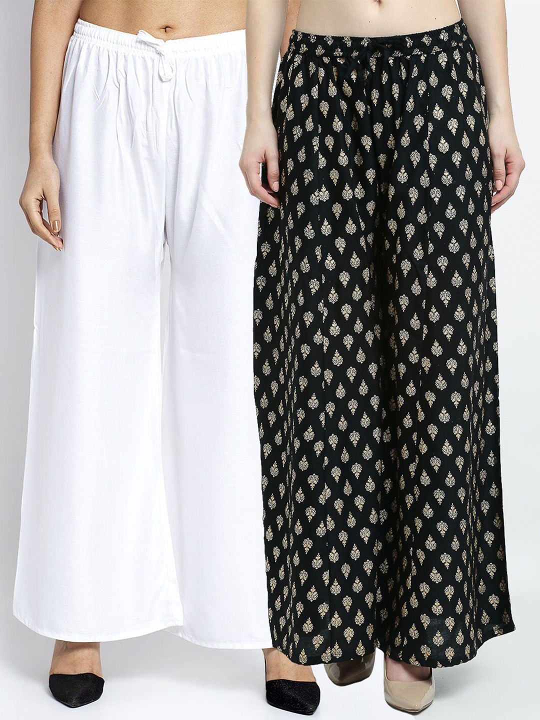 

GRACIT Women Pack of 2 Ethnic Motifs Printed Flared Knitted Ethnic Palazzos, White