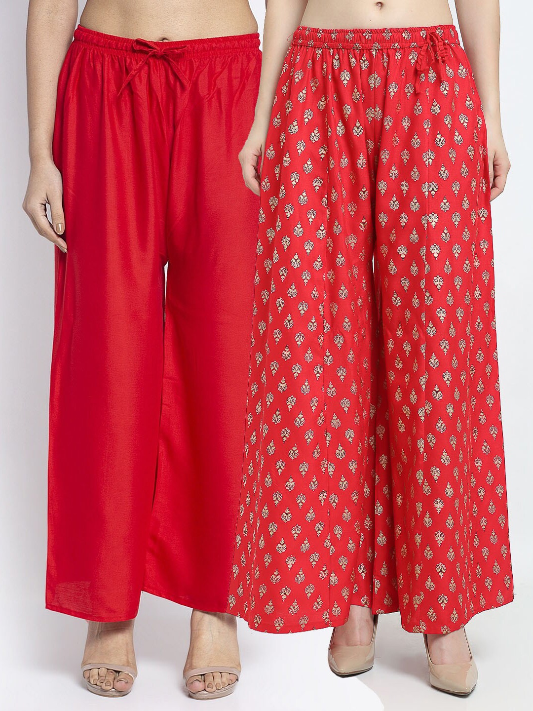 

GRACIT Women Pack of 2 Ethnic Motifs Printed Flared Knitted Ethnic Palazzos, Red