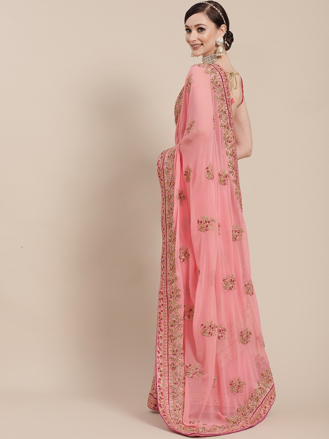 

Chhabra 555 Pink & Red Floral Beads and Stones Heavy Work Saree
