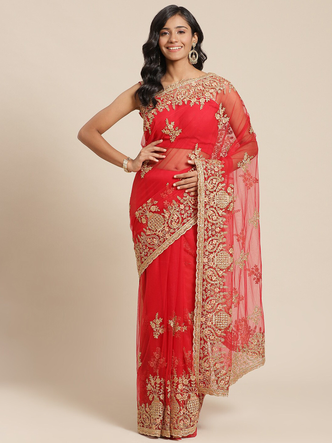 

Chhabra 555 Red & Gold-Toned Floral Beads and Stones Net Heavy Work Saree