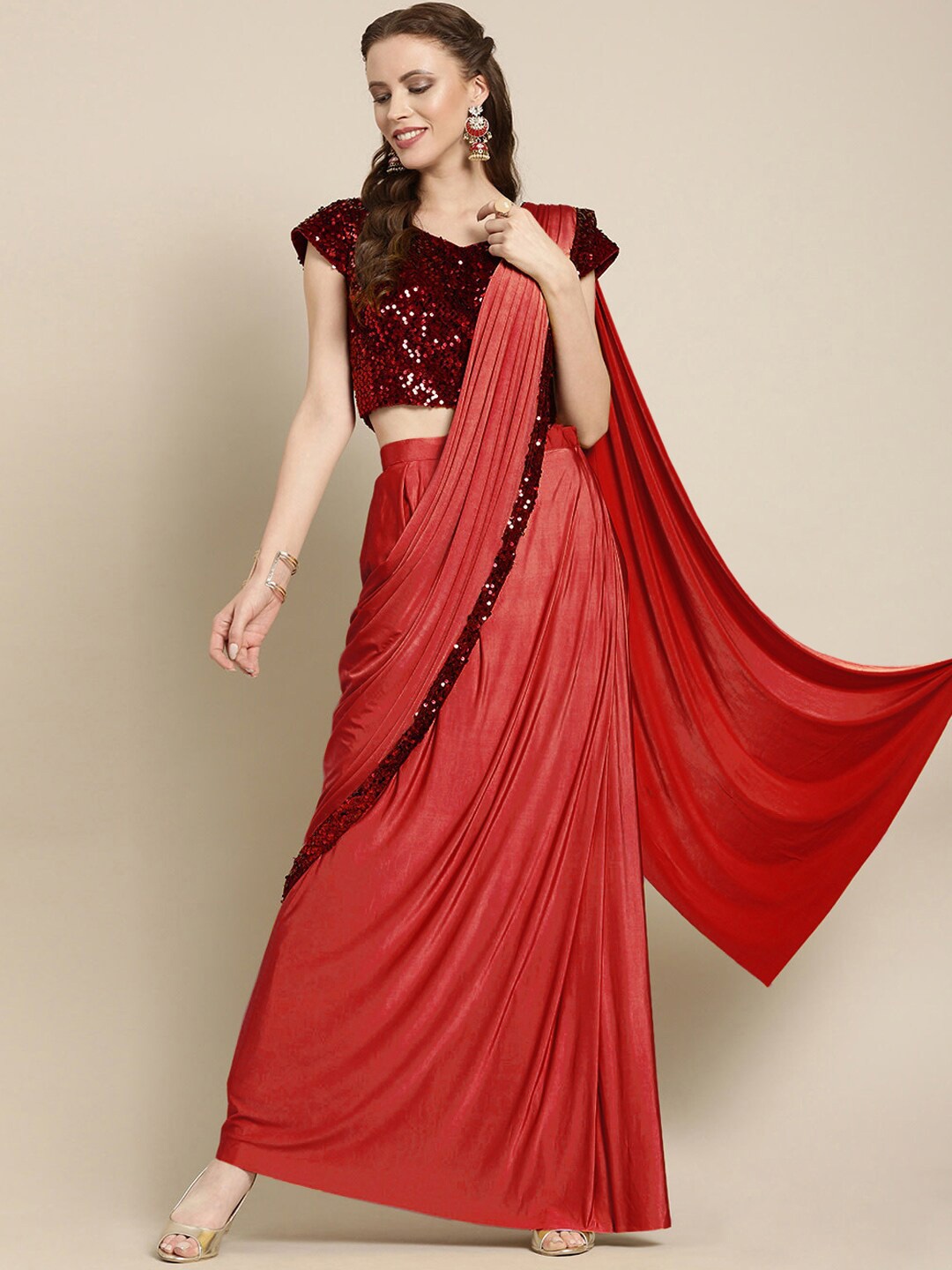 

Chhabra 555 Red & Black Embellished Sequinned Saree