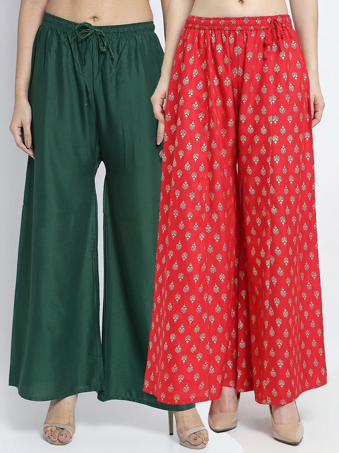 

GRACIT Women Green & Red Pack Of 2 Ethnic Motifs Printed Flared Knitted Ethnic Palazzos