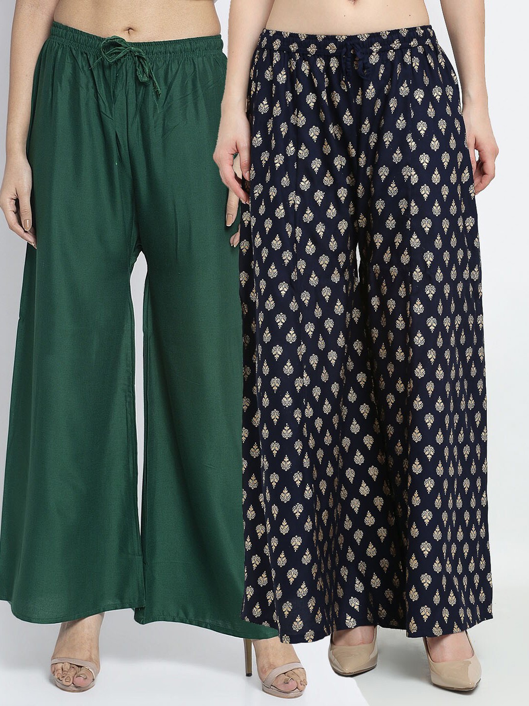 

GRACIT Women Pack of 2 Ethnic Motifs Printed Flared Knitted Ethnic Palazzos, Green