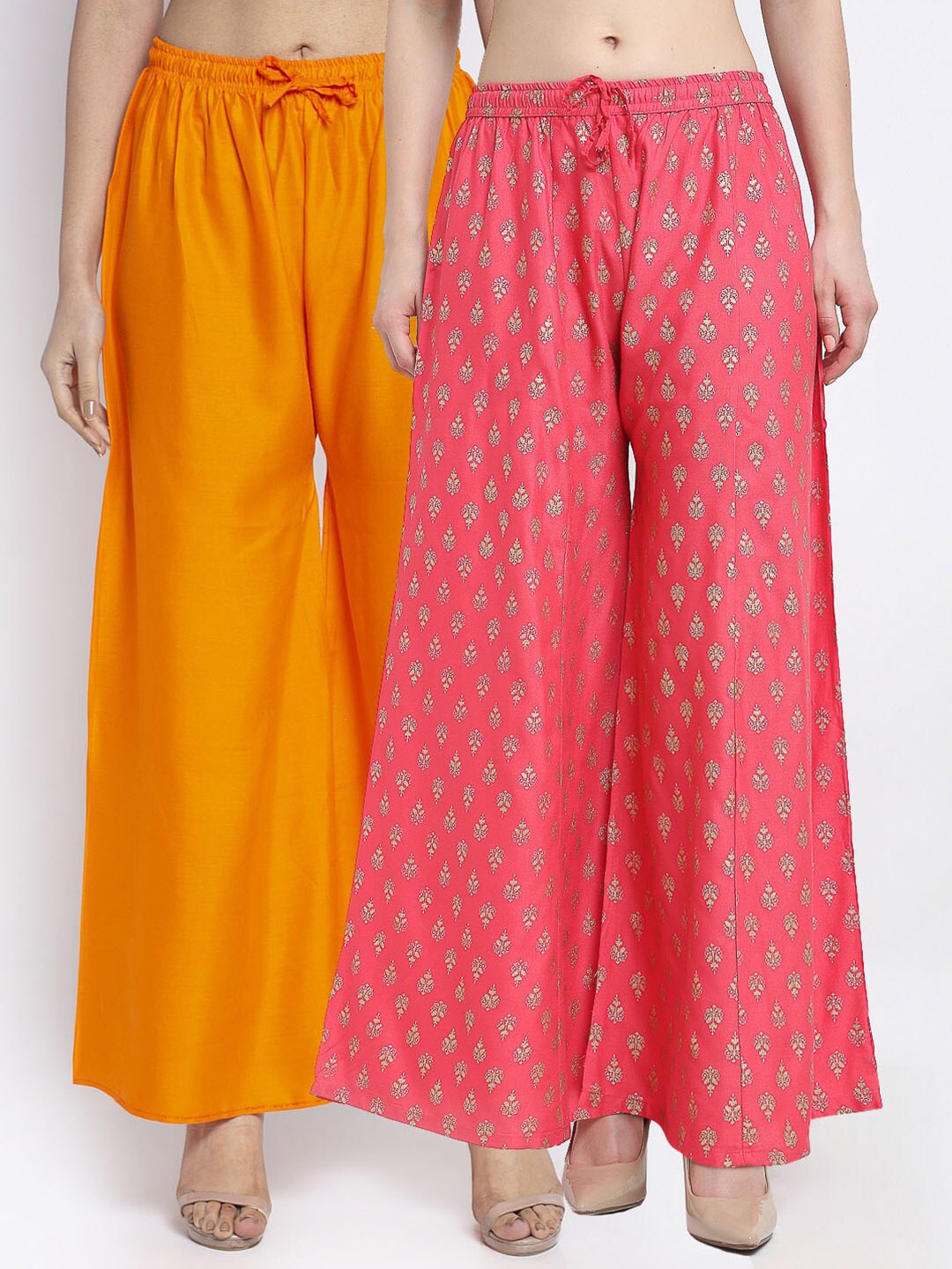 

GRACIT Women Pack of 2 Ethnic Motifs Printed Flared Knitted Ethnic Palazzos, Orange