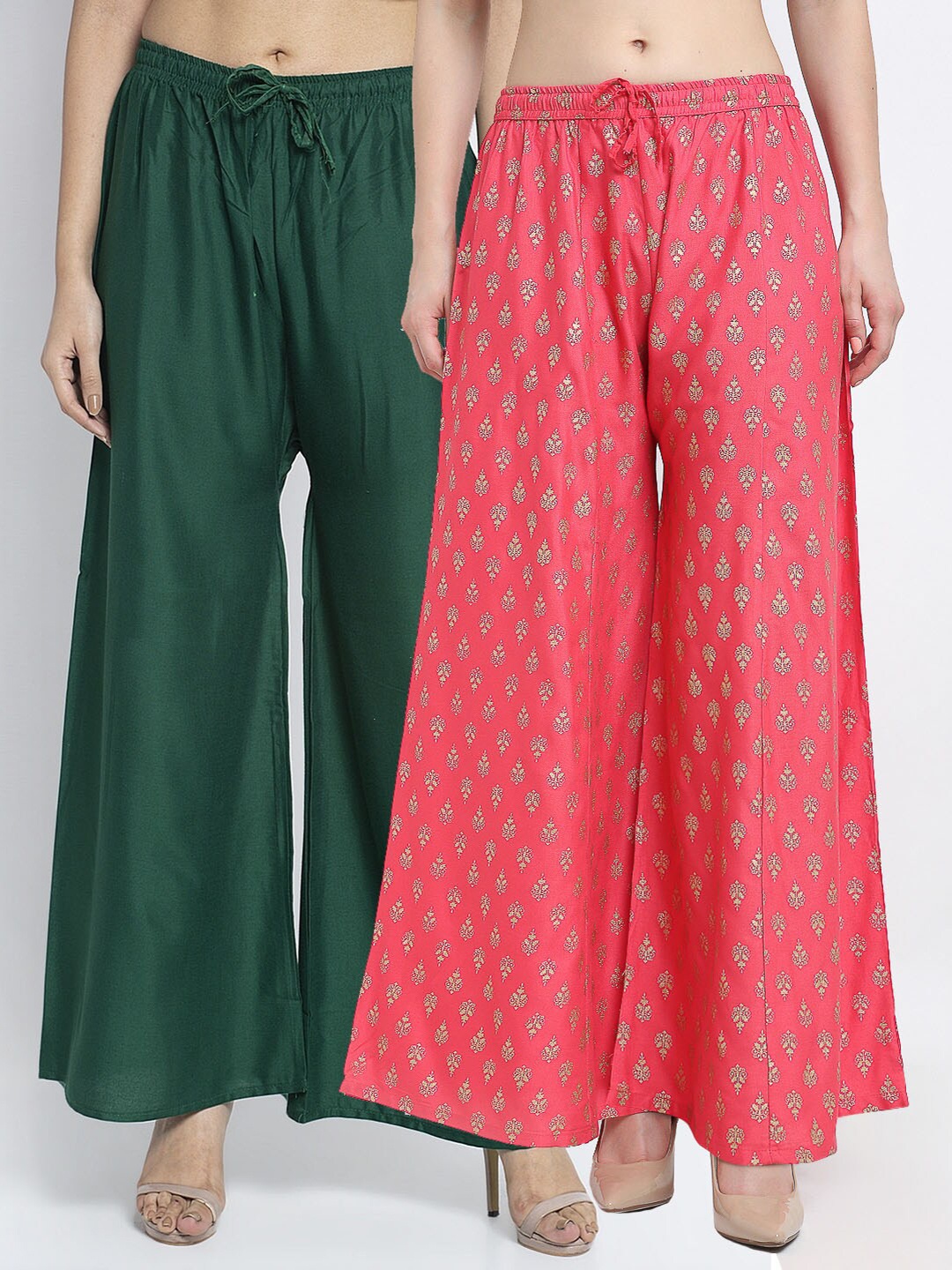 

GRACIT Women Pack of 2 Ethnic Motifs Printed Flared Knitted Ethnic Palazzos, Green
