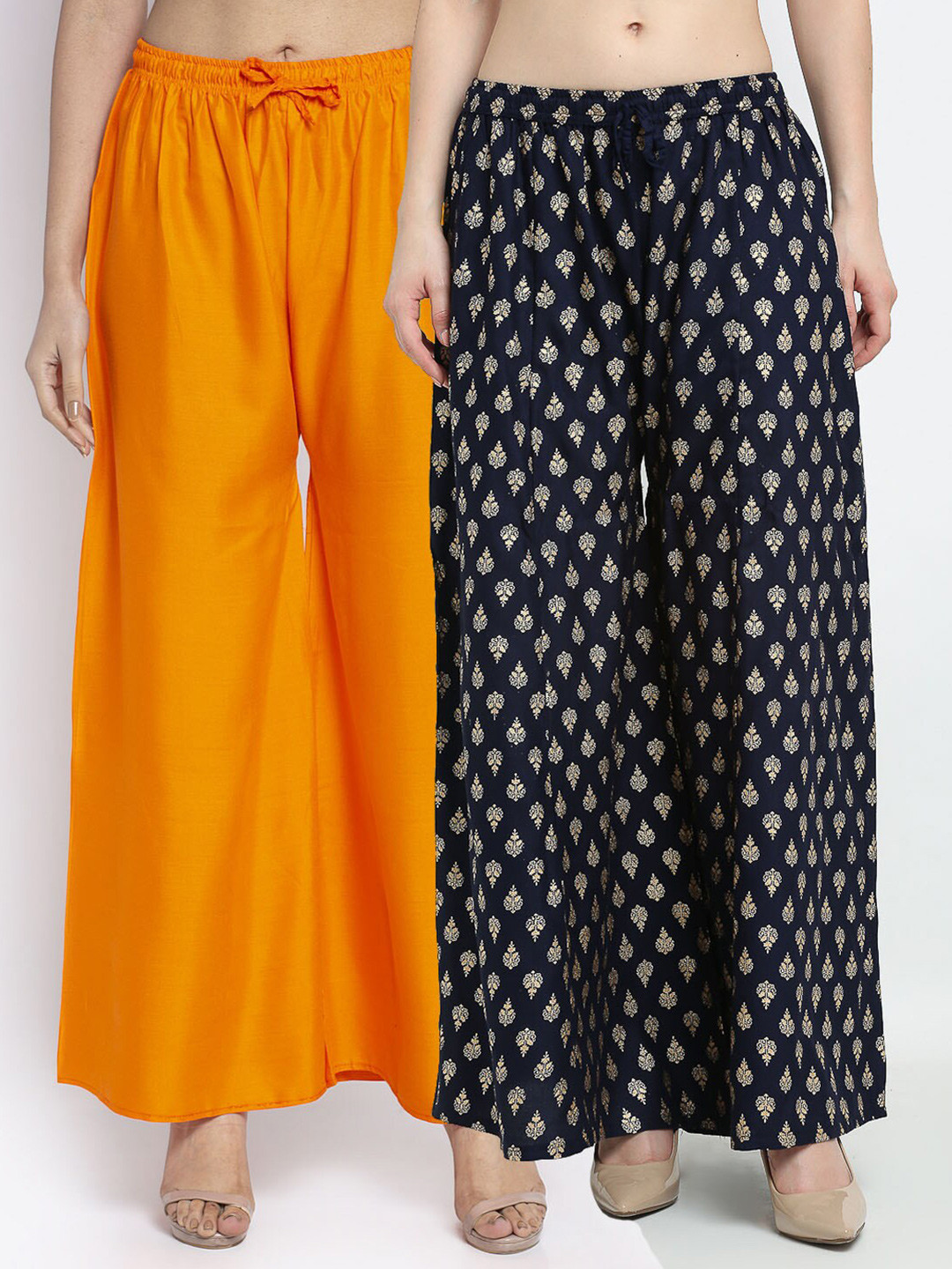 

GRACIT Women Pack of 2 Ethnic Motifs Printed Flared Knitted Ethnic Palazzos, Orange