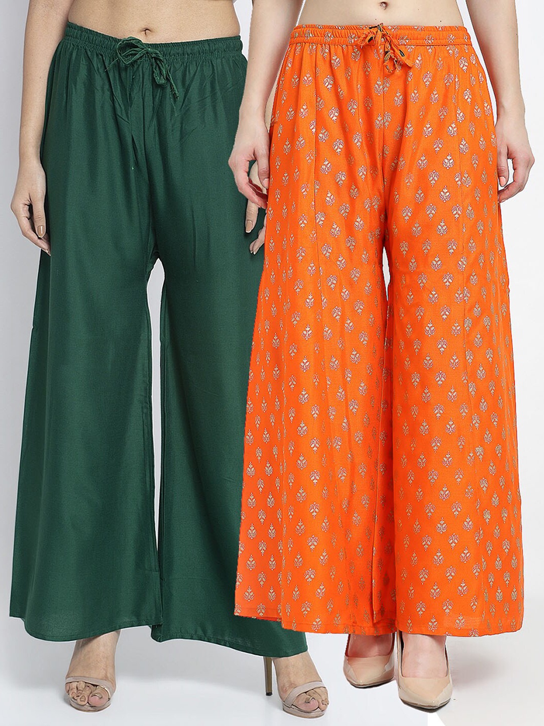 

GRACIT Women Pack of 2 Ethnic Motifs Printed Flared Knitted Ethnic Palazzos, Green