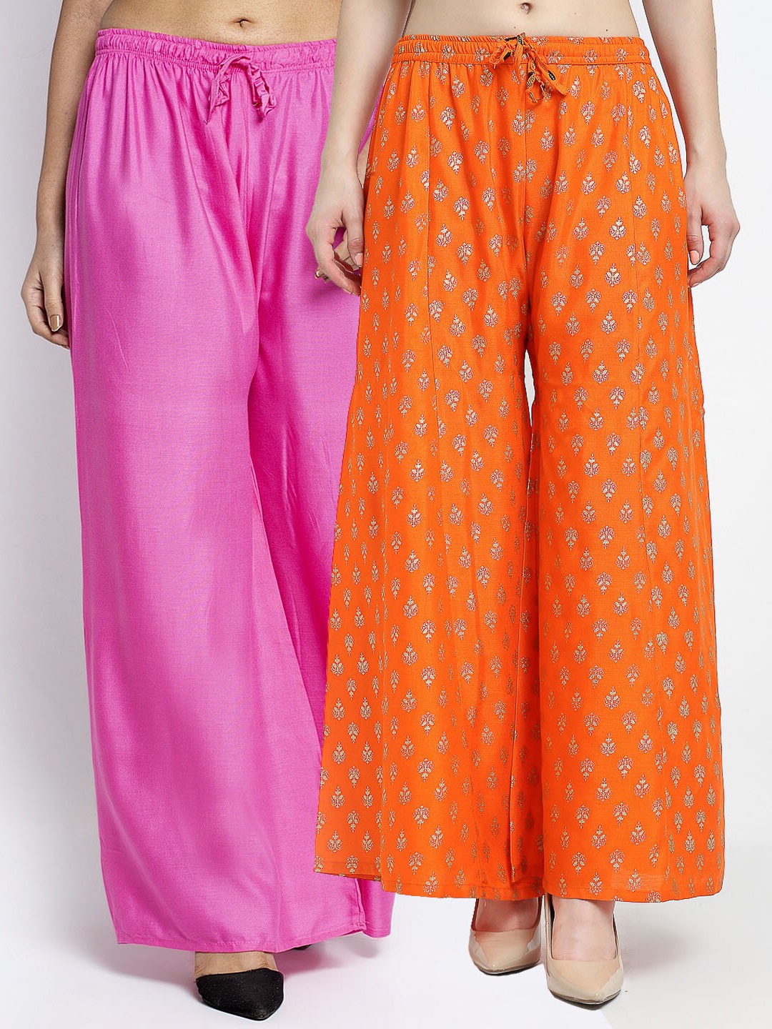 

GRACIT Women Pack of 2 Ethnic Motifs Printed Flared Knitted Ethnic Palazzos, Pink