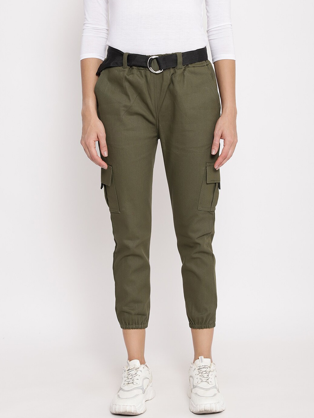 

Anaghakart Women Olive Green Relaxed Straight Leg Joggers Trousers
