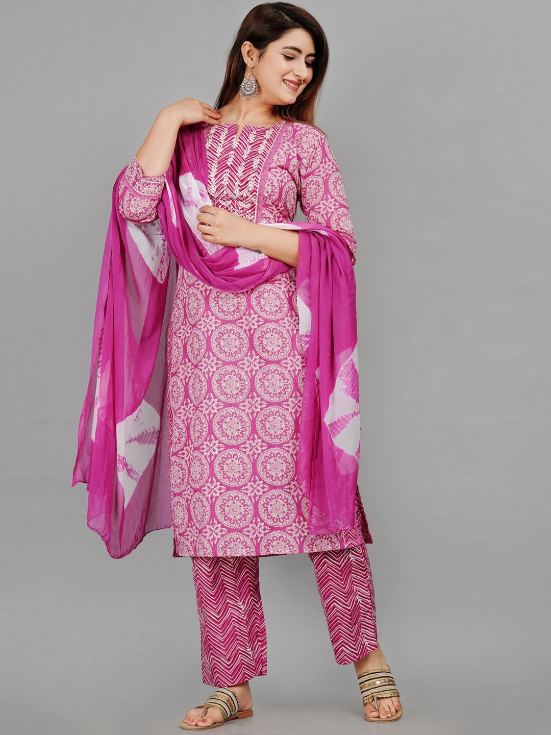 

EtnicaWear Women Printed Pure Cotton Kurta With Trouser And Dupatta, Pink