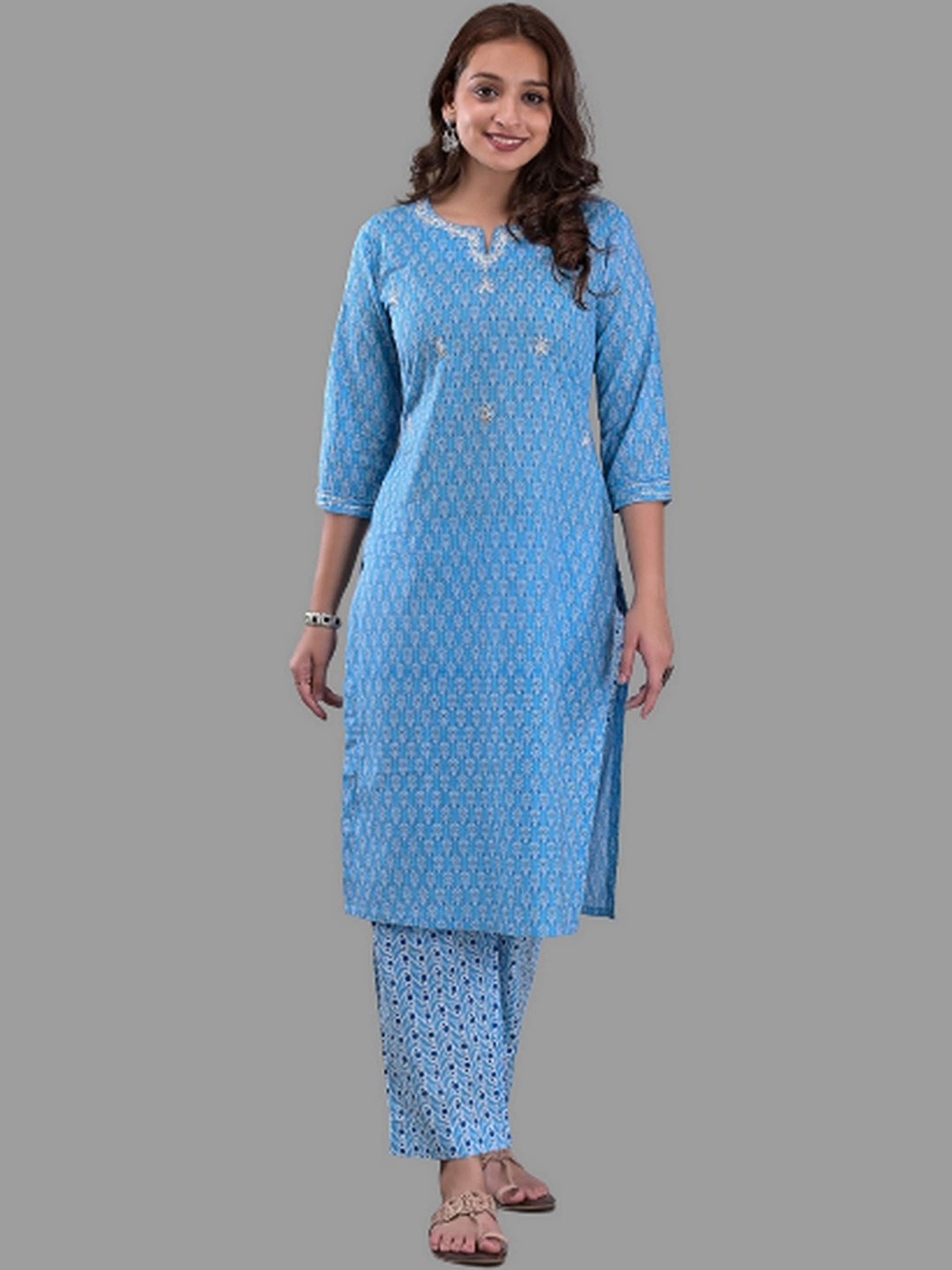 

EtnicaWear Women Printed Pure Cotton Kurti with Trousers & Dupatta, Blue