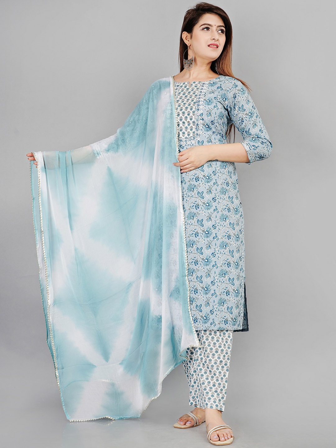 

EtnicaWear Women Printed Gotta Patti Pure Cotton Kurta with Trouser & With Dupatta, Blue