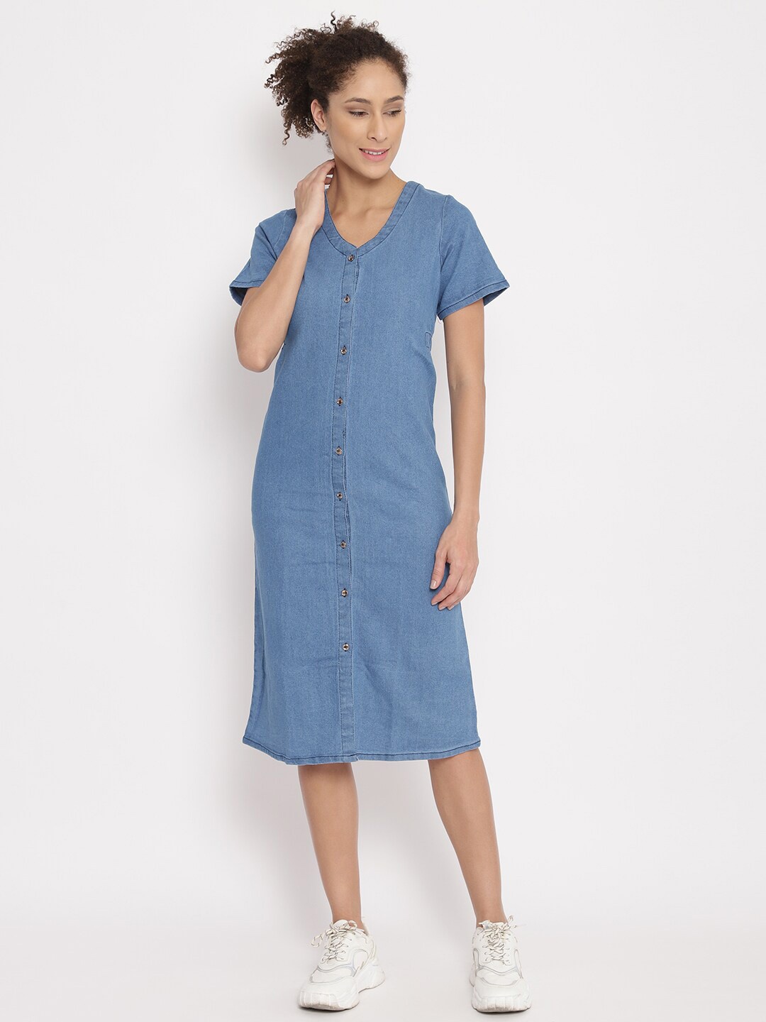 

Anaghakart Women Blue Denim Shirt Midi Dress