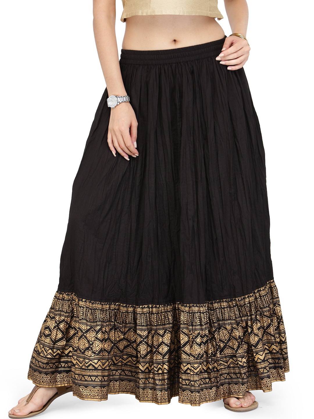 

Varanga Black Flared Maxi Pure Cotton Skirt with Crinkled Effect