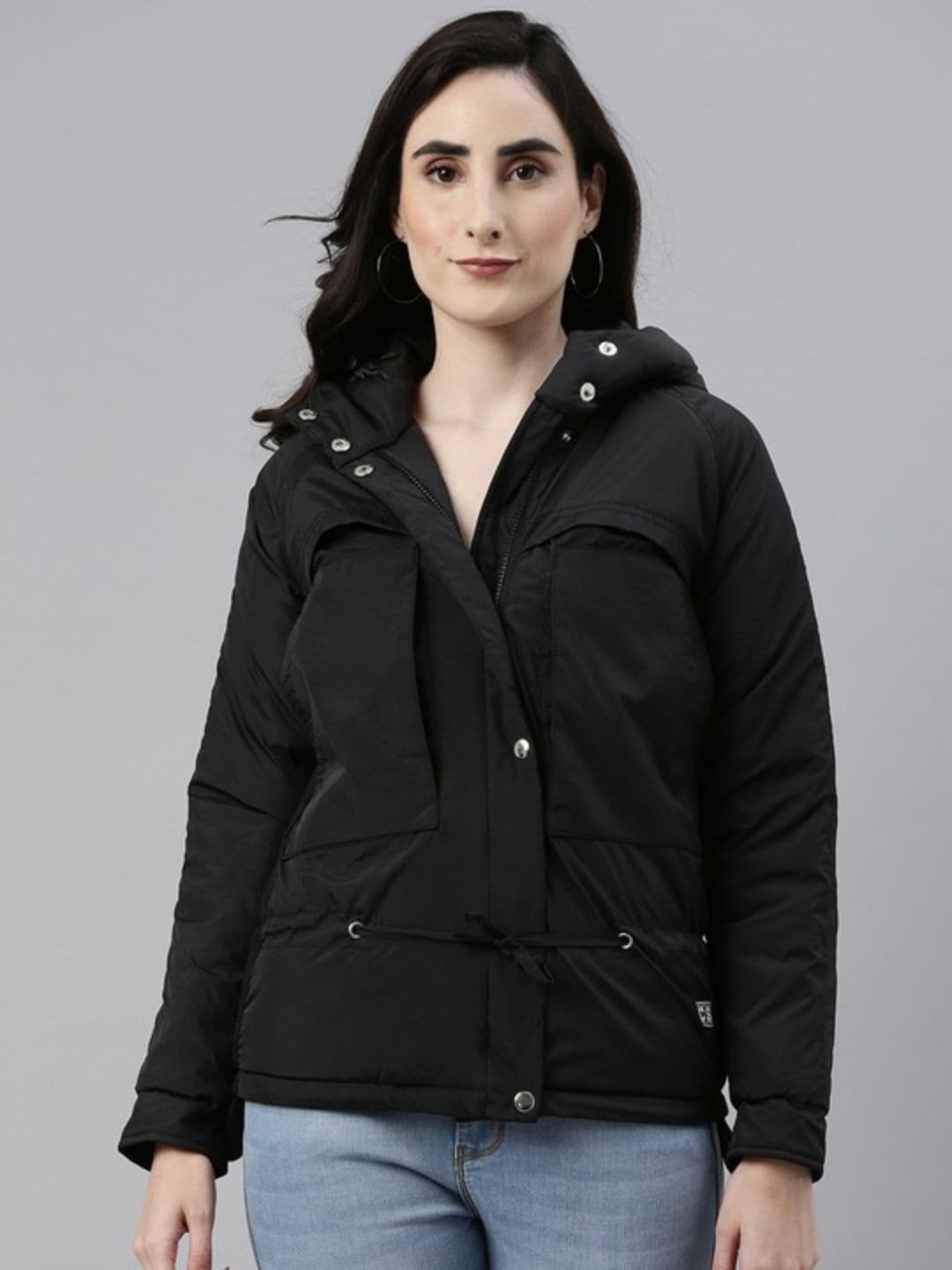 

Campus Sutra Women Black Windcheater Outdoor Parka Jacket