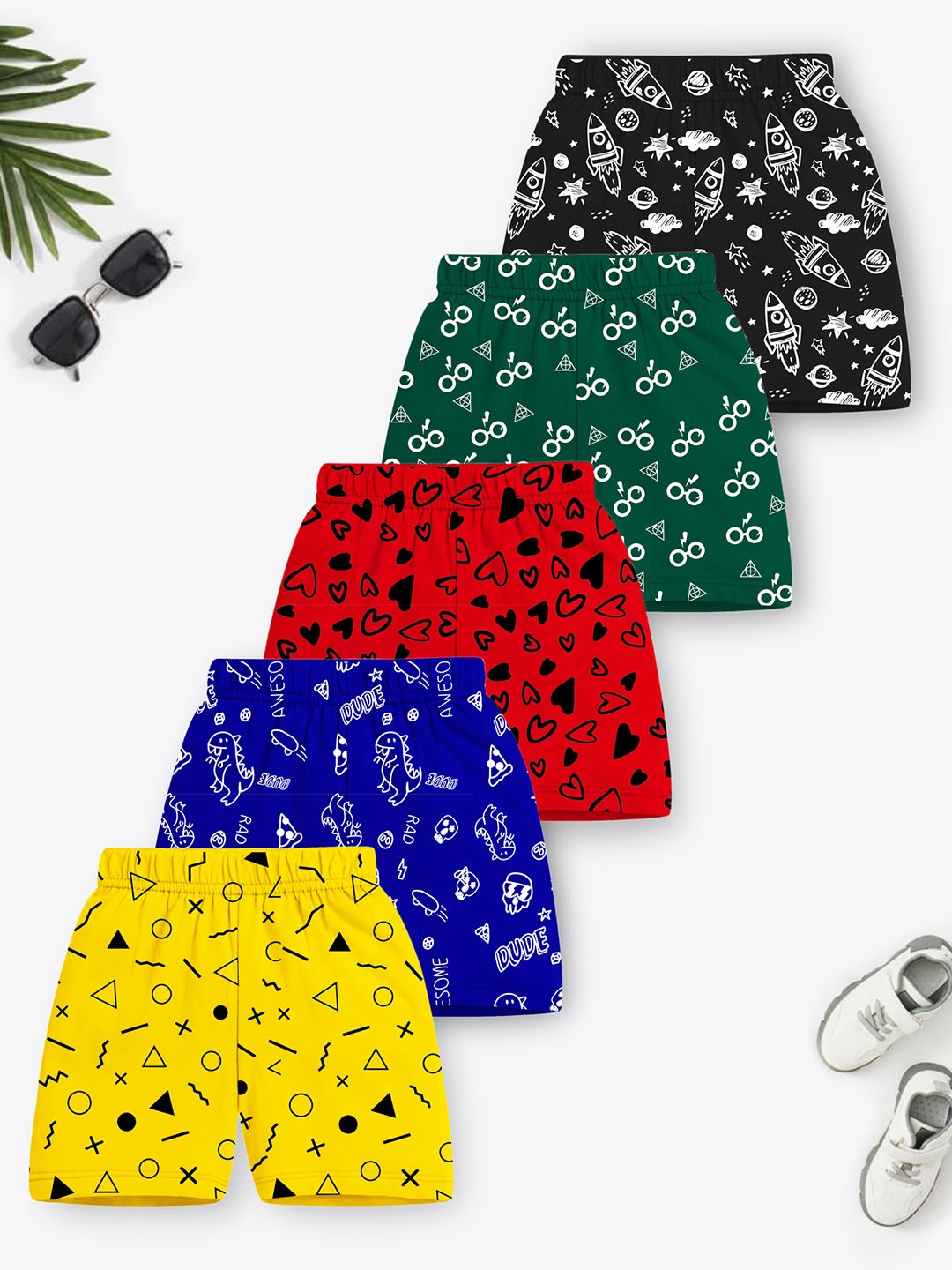 

Trampoline Boys Pack of 5 Conversational Printed Cotton Shorts, Yellow
