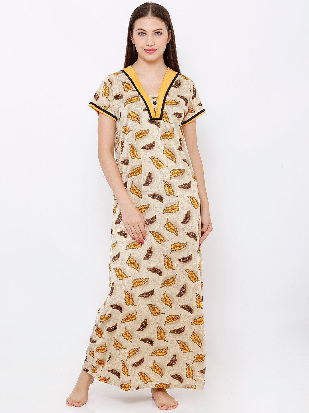 

Pretty Awesome Women Printed Maxi Nightdress, Beige