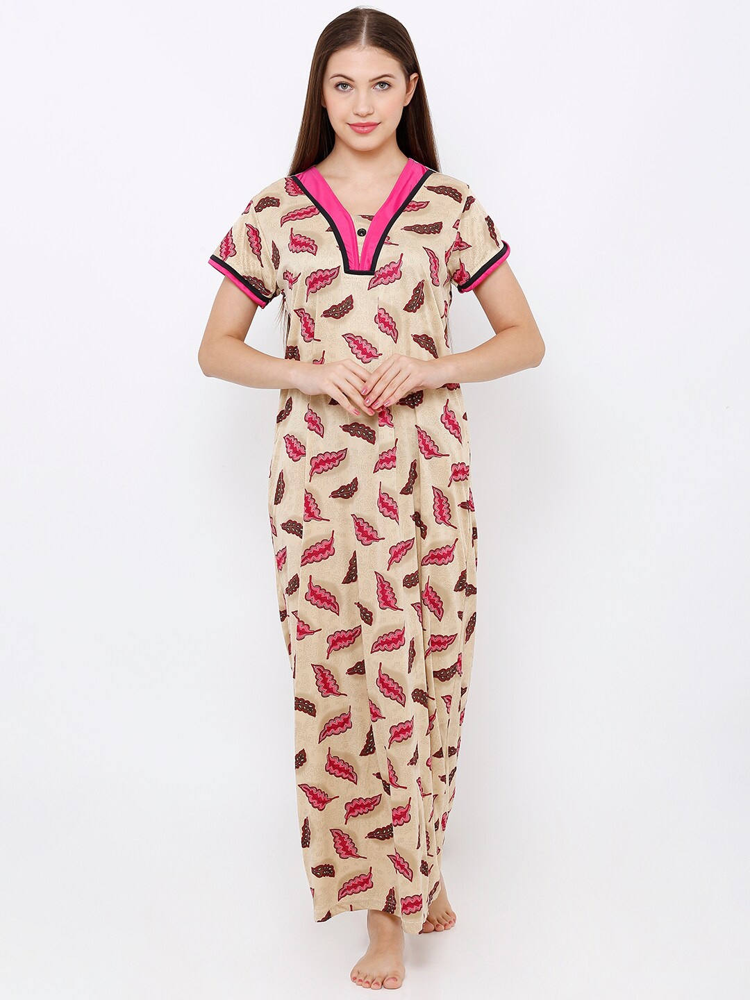 

Pretty Awesome Women Printed Maxi Nightdress, Beige