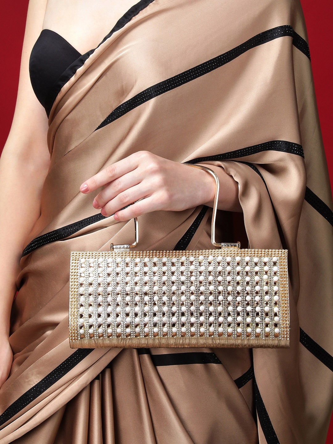 

Rubans Gold-Toned & White Embroidered Embellished Purse Clutch