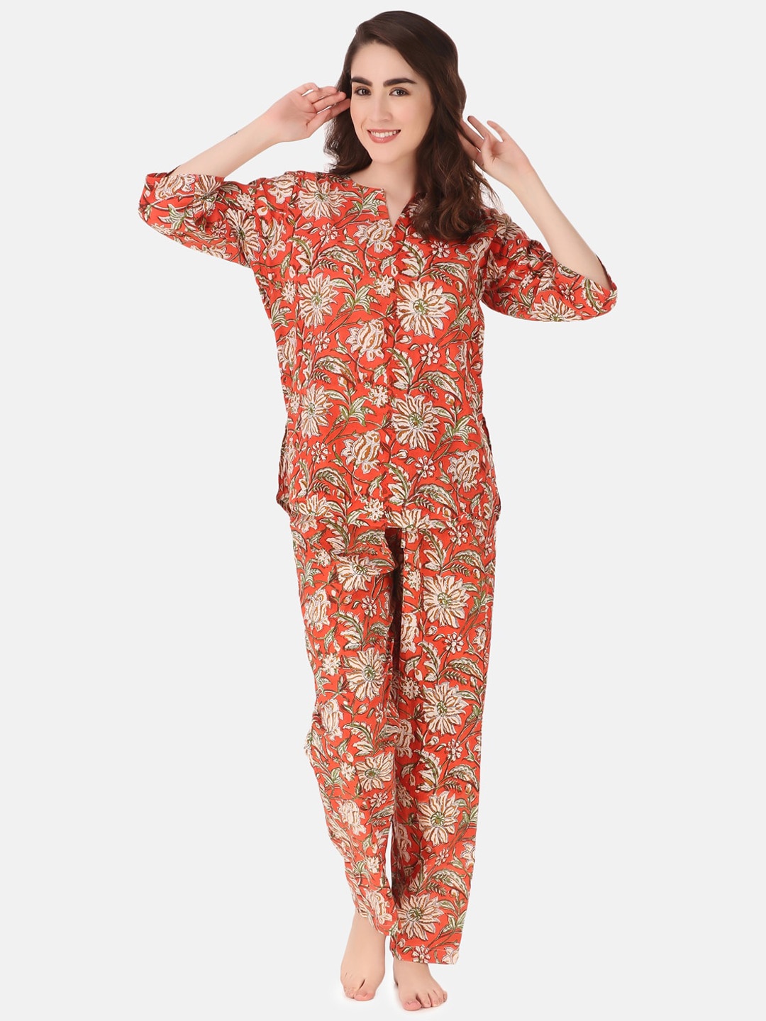 

Masha Women Printed Pure Cotton Night suit, Red