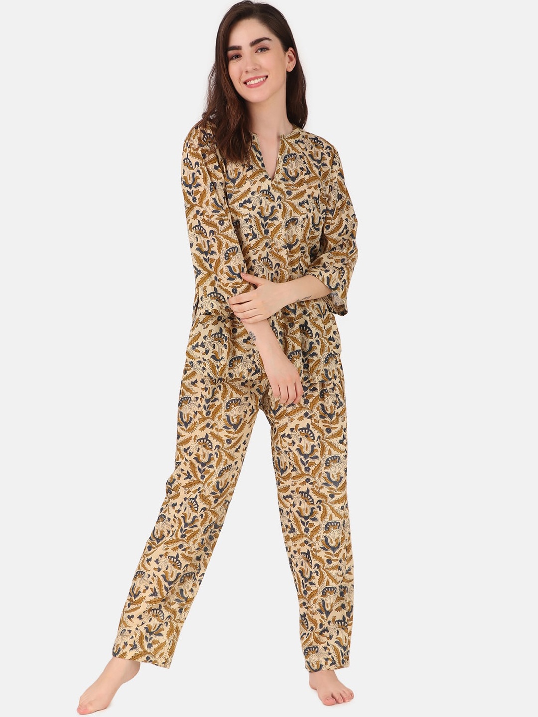 

Masha Women Printed Pure Cotton Night suit, Mustard