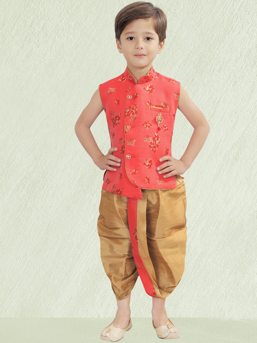 

KIDS FARM Boys Embroidered Short Kurta with Dhoti Pants, Coral