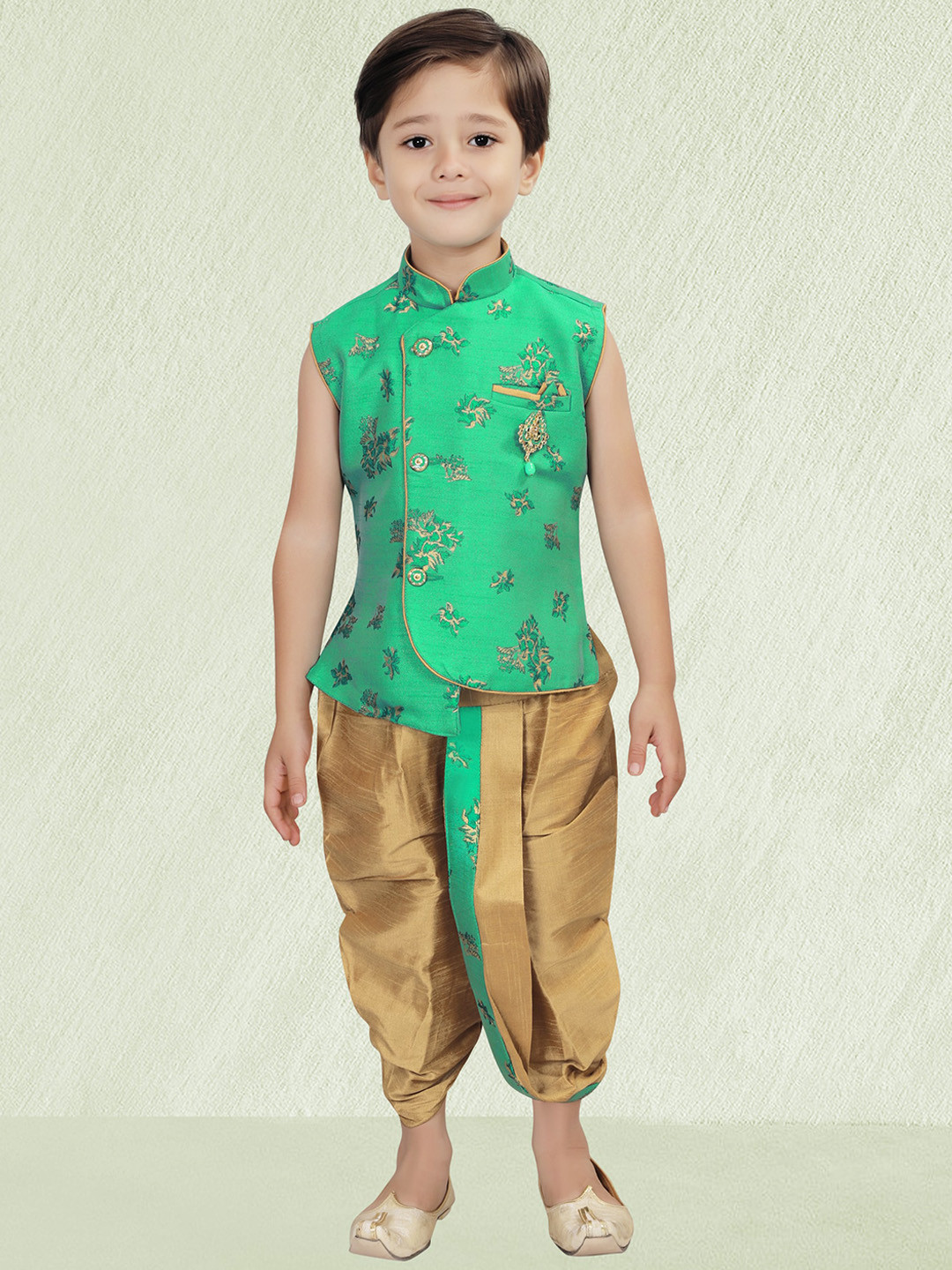 

KIDS FARM Boys Floral Angrakha Kurta with Dhoti Pants, Green