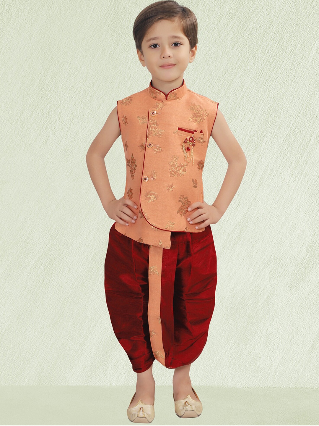 

KIDS FARM Boys Floral Angrakha Kurta with Dhoti Pant, Peach