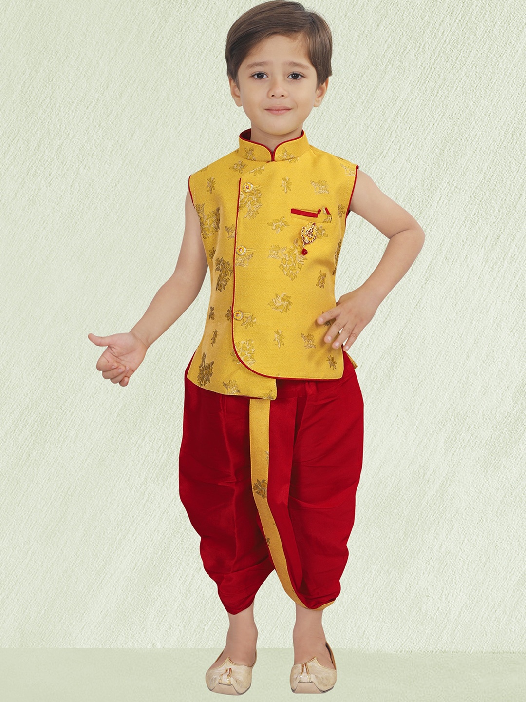 

KIDS FARM Boys Ethnic Motifs Printed Angrakha Top with Dhoti Pants, Yellow