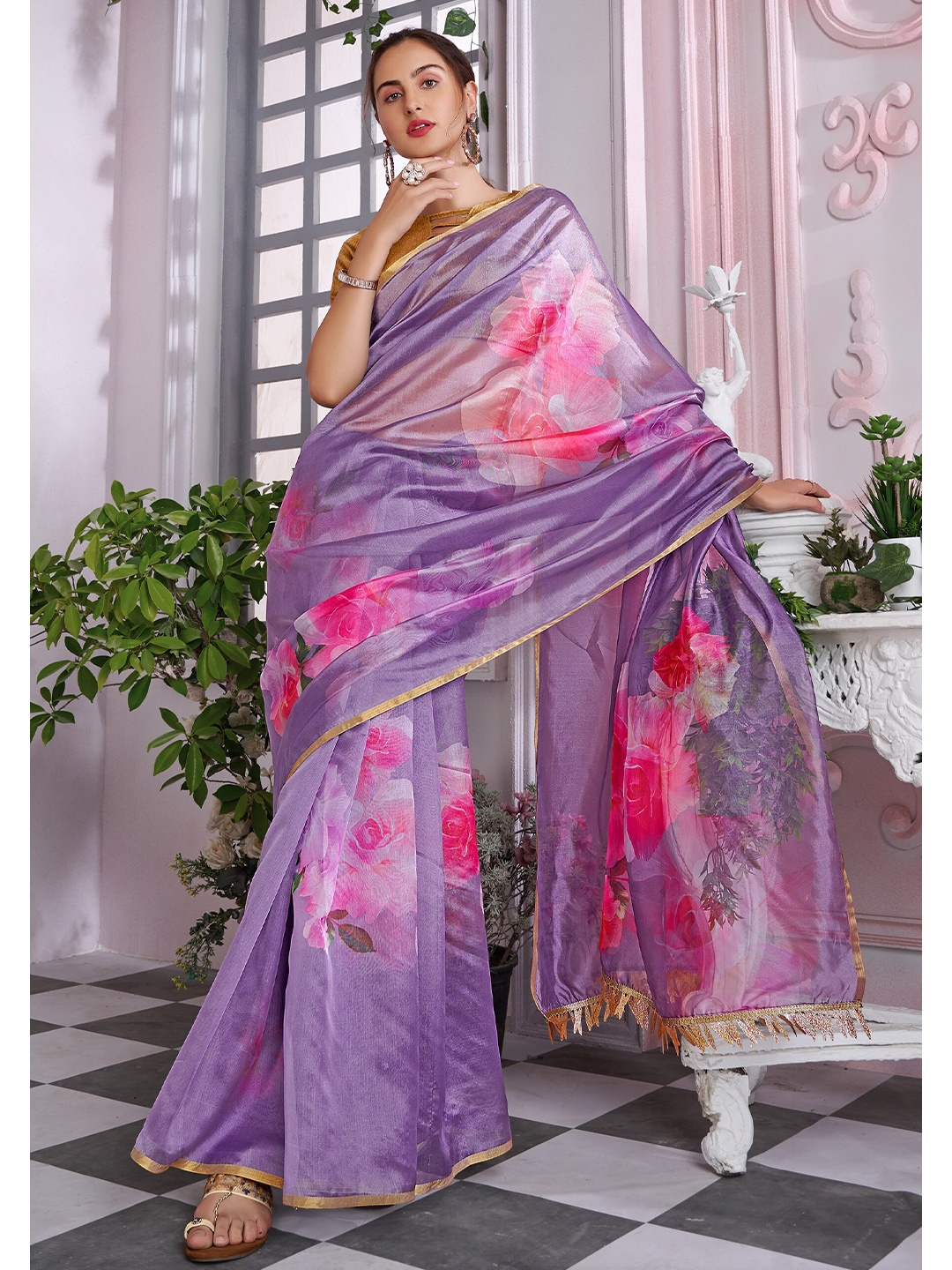 

Mitera Purple & Red Floral Organza Saree