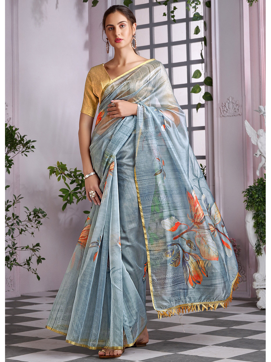 

Mitera Grey & Orange Floral Organza Saree