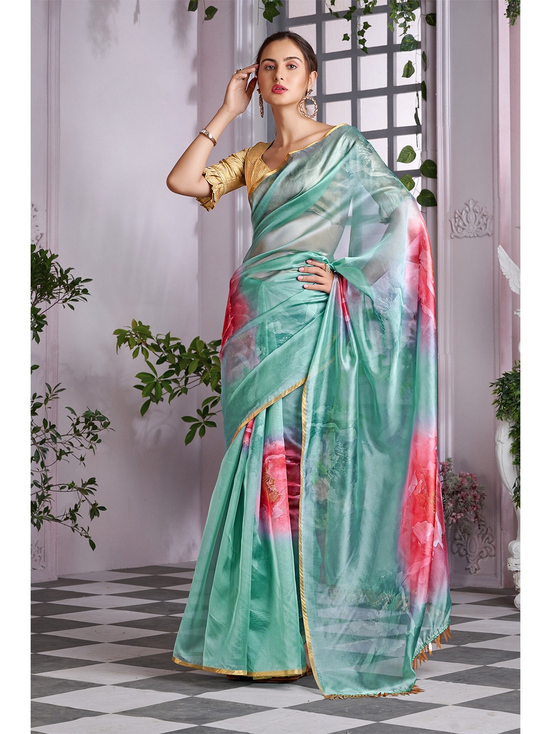 

Mitera Sea Green & Pink Floral Organza Saree