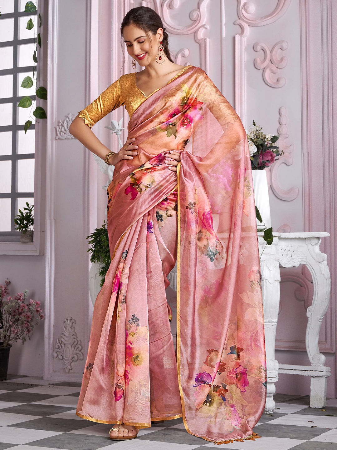 

Mitera Peach-Coloured & Red Floral Organza Saree