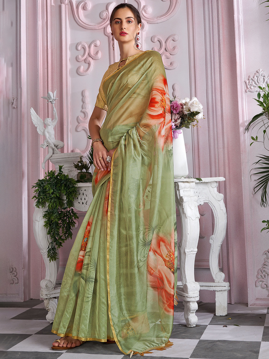 

Mitera Green & Orange Floral Organza Saree